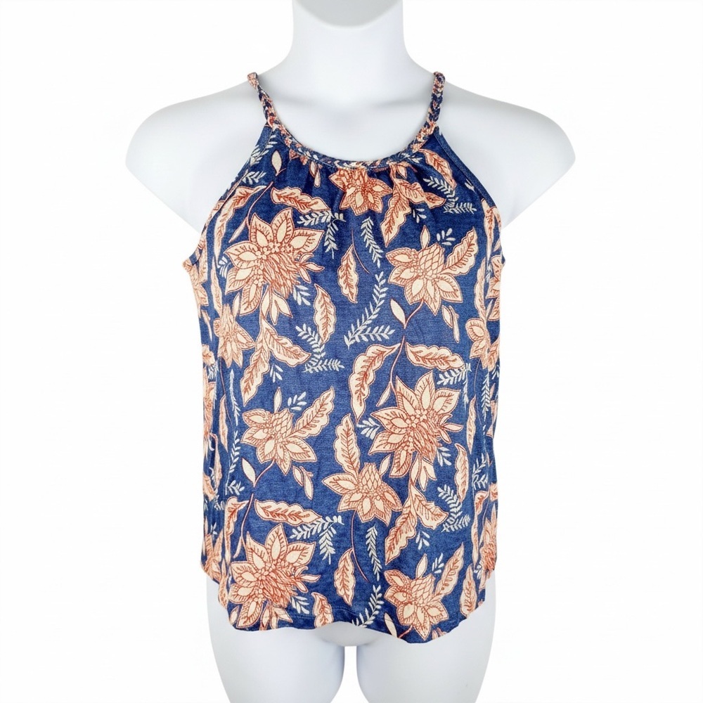 Rachel Zoe Blue 100% Linen Floral Braided Strap Tank Top Feminine Summer Size M